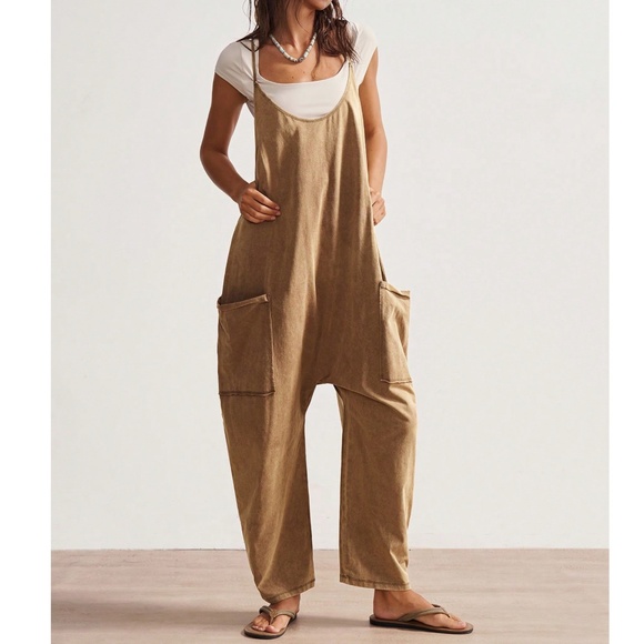 Star Patch Solid Camel Pockets Straight Leg Cami Jumpsuit - Picture 4 of 5